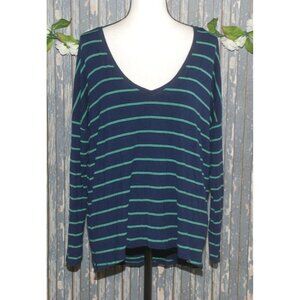 Aerie Ladies L Knit Top Navy Blue & Green Striped V-Neck Stretch Viscose Popover